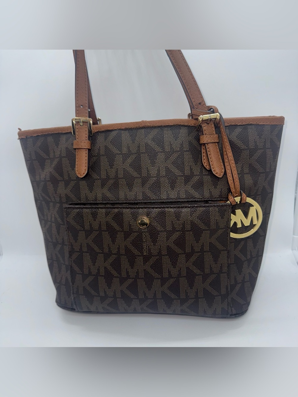 Michael Kors Brown Monogram Tote with Gold MK Charm